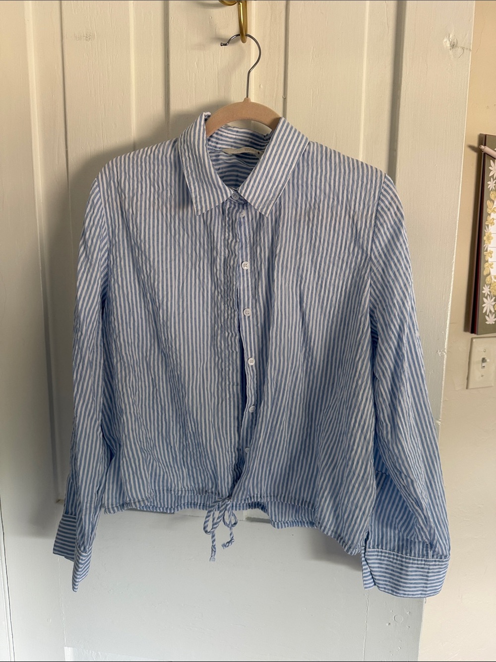 Zara Blue & White Striped Drawstring Button-Up Shirt
